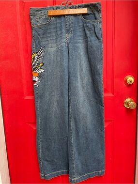 Ed Hardy Denim Wide-Leg Jeans with Colorful Wing Patch